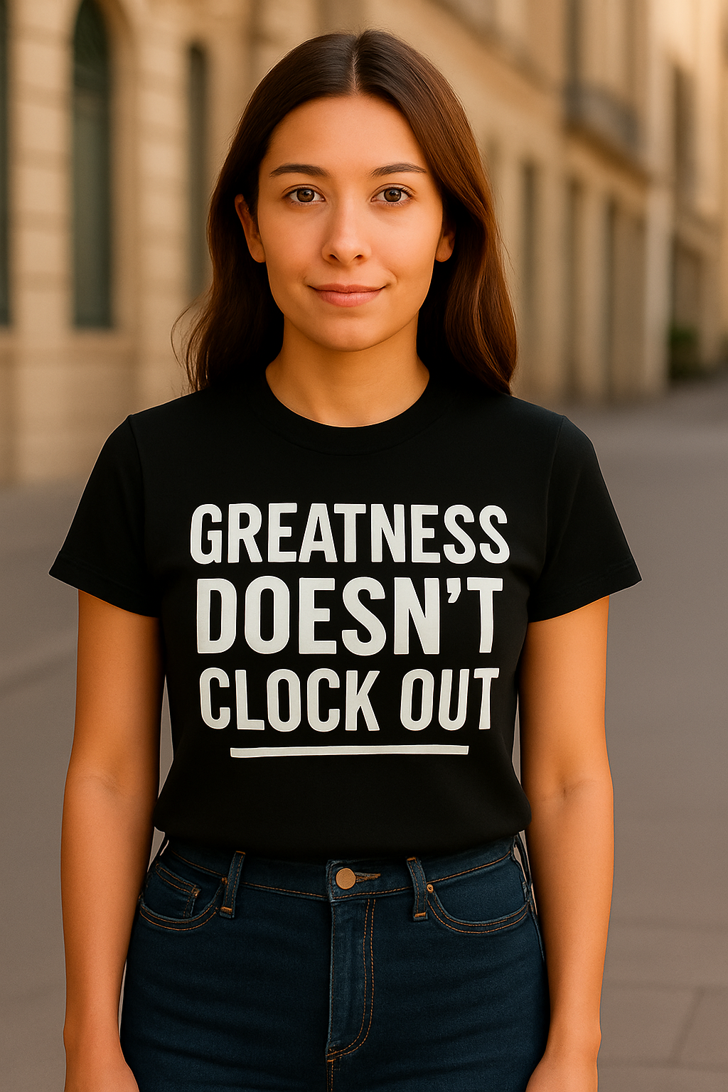 Person wearing a black t-shirt with 'Greatness Doesn't Clock Out' text.