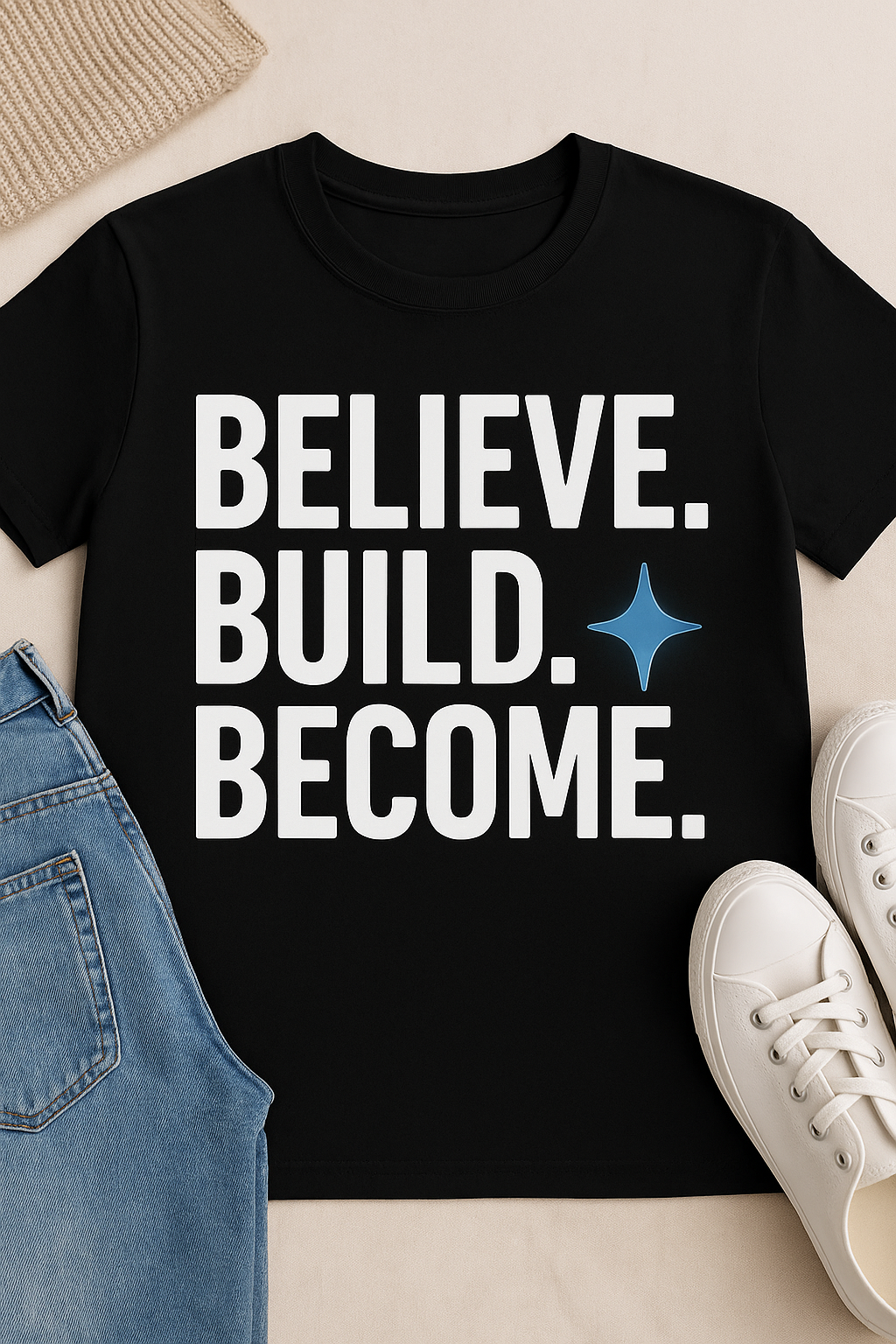 Black t-shirt with 'BELIEVE. BUILD. BECOME.' text on a beige surface with jeans and sneakers.