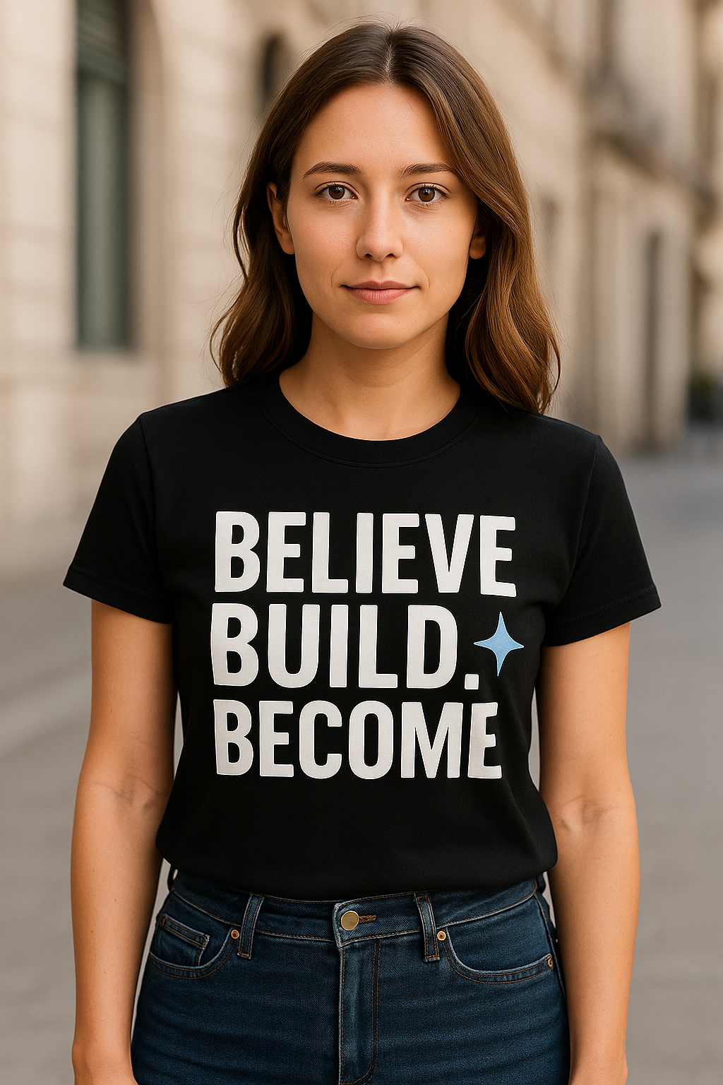 Woman wearing a black t-shirt with 'BELIEVE BUILD. BECOME' text on a street background