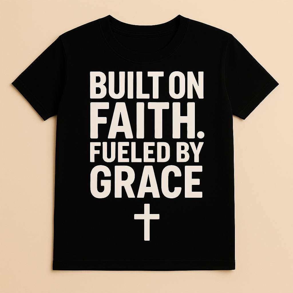 Black t-shirt with white text 'BUILT ON FAITH. FUELED BY GRACE' on a beige background