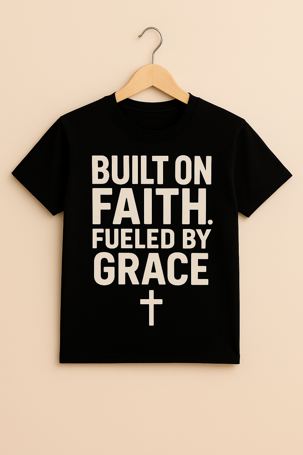 Black Christian T-shirt featuring ‘Built on Faith Fueled by Grace’ typography — inspirational faith-based apparel.”
