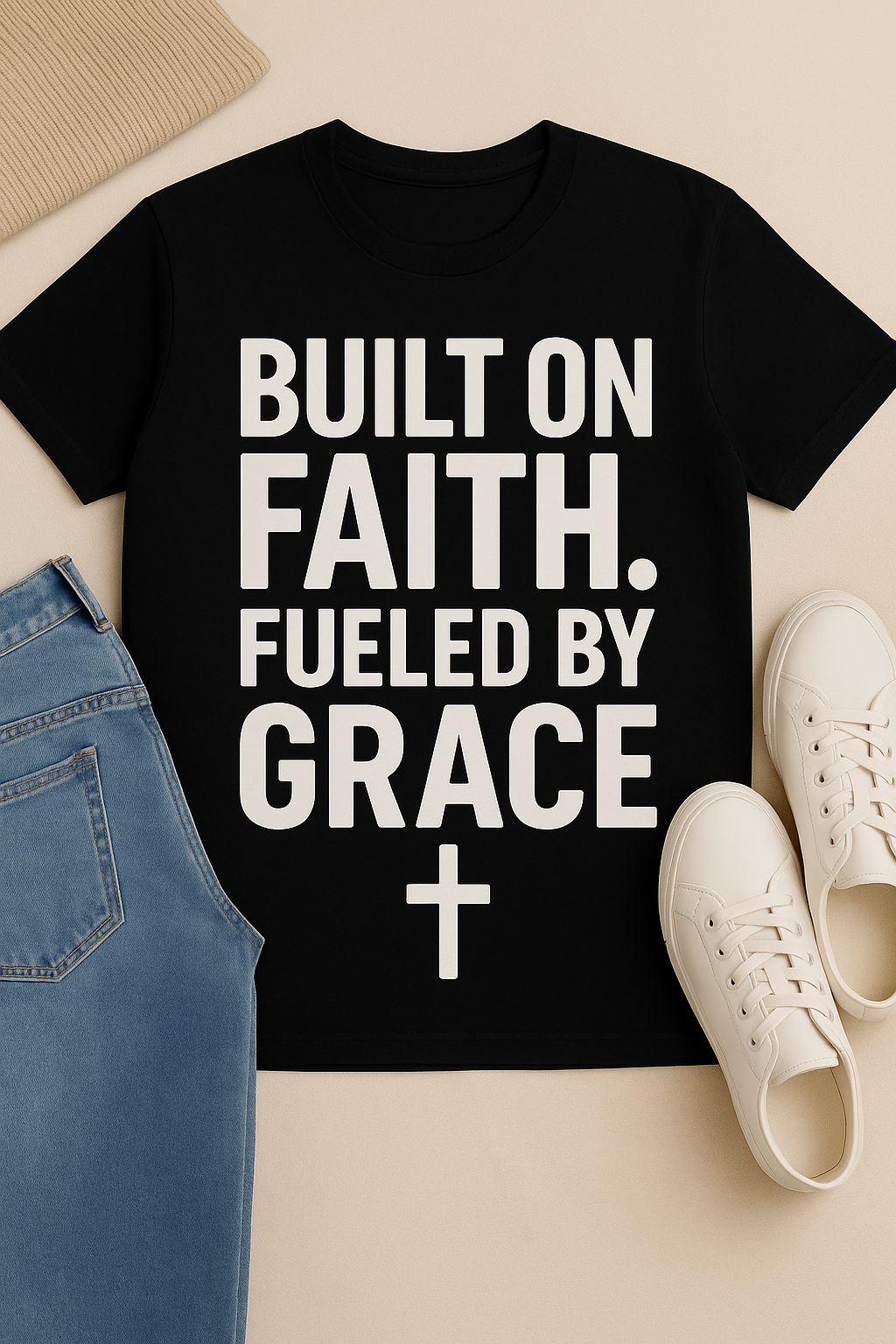 Black t-shirt with 'Built on Faith. Fueled by Grace' text on a beige surface with jeans and sneakers.