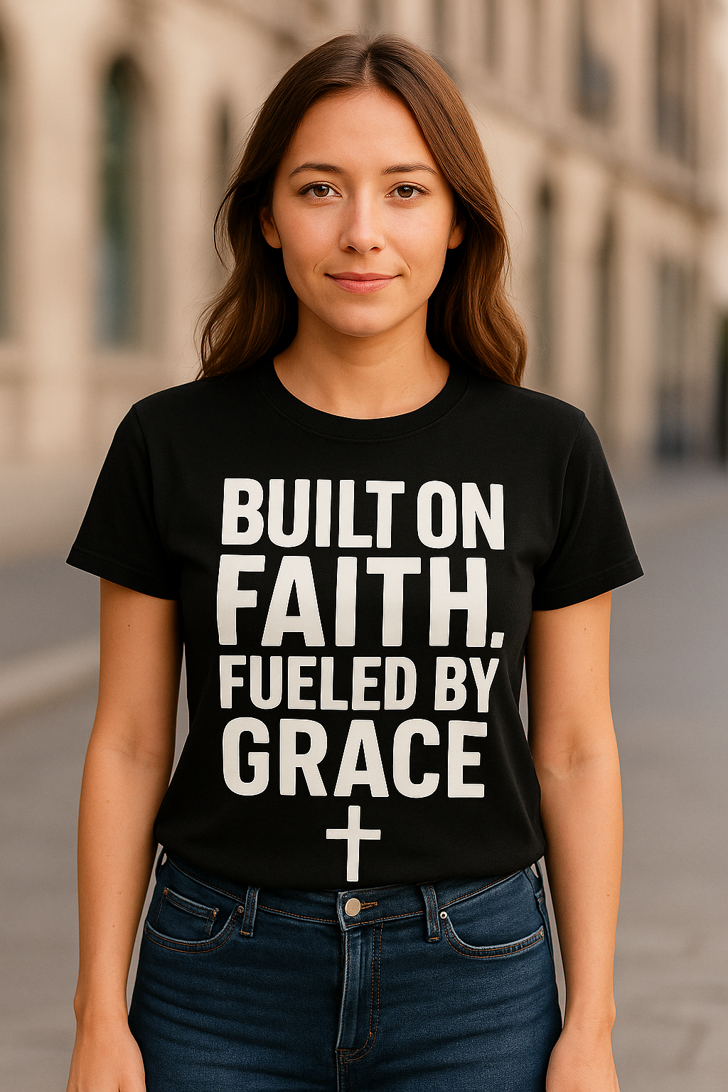 Woman wearing a black t-shirt with 'Built on Faith. Fueled by Grace' text.