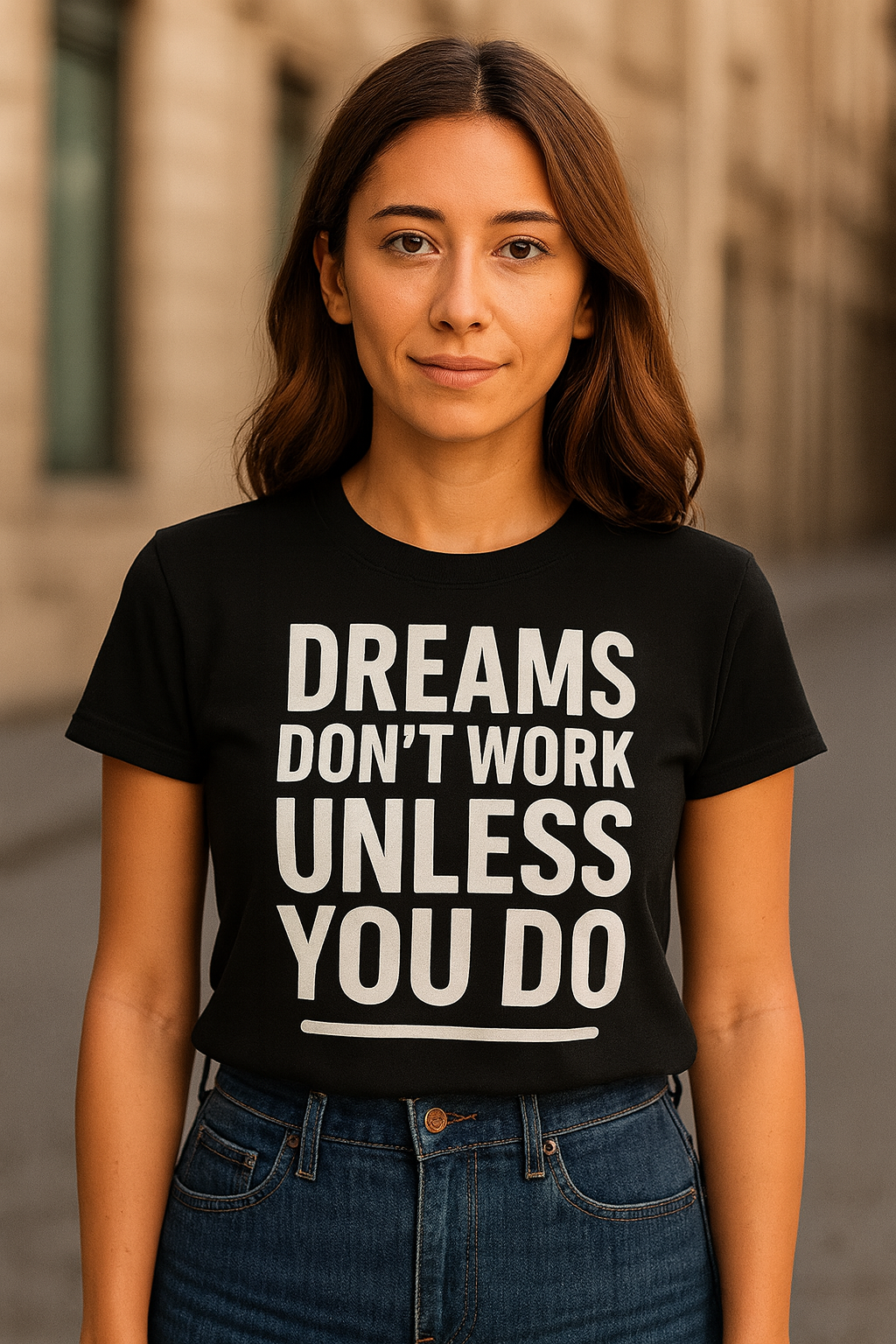 	•	Black work-ethic T-shirt with “Dreams Don’t Work Unless You Do” typography
	•	Model wearing motivational entrepreneur shirt
	•	Flat-lay black inspirational tee for creators and grinders
	•	Hanging black work ethic streetwear shirt
