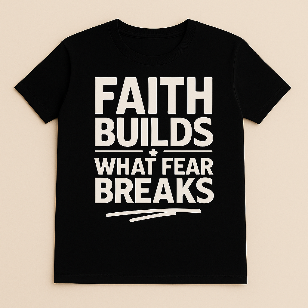 Black t-shirt with white text 'FAITH BUILDS WHAT FEAR BREAKS' on a beige background
