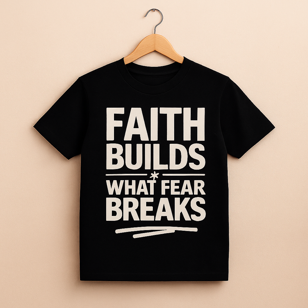 Black t-shirt with 'Faith Builds What Fear Breaks' text on a hanger with beige background