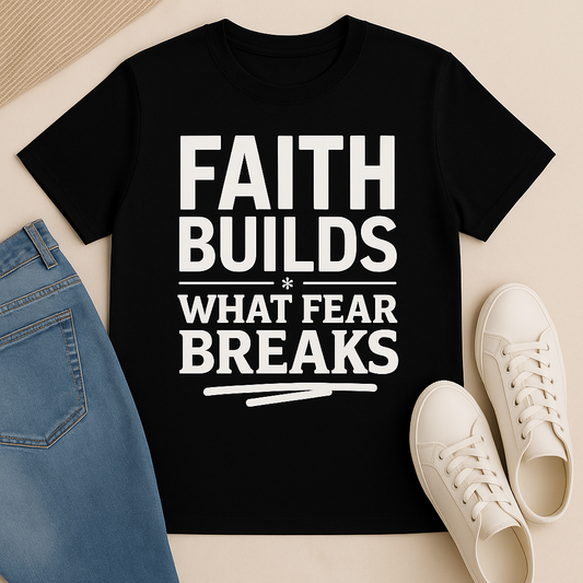 Black t-shirt with 'Faith Builds What Fear Breaks' text on a beige surface with jeans and sneakers.