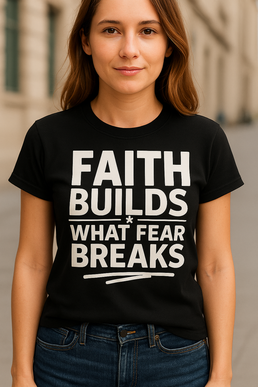 Person wearing a black t-shirt with 'Faith Builds What Fear Breaks' text.