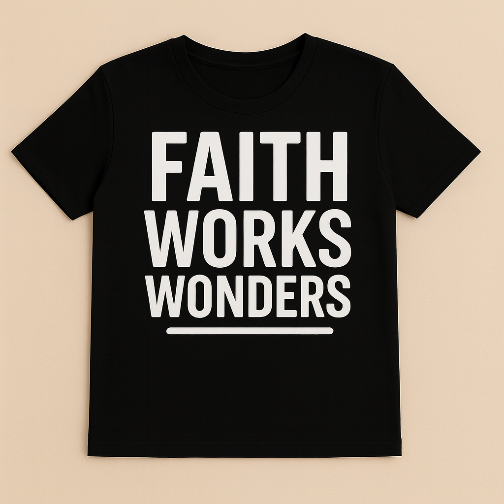 Black t-shirt with 'FAITH WORKS WONDERS' text on a beige background