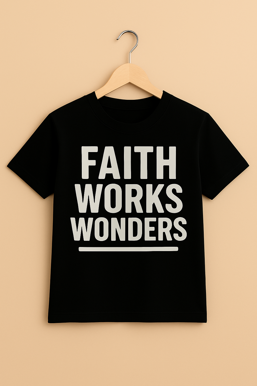 Black t-shirt with 'FAITH WORKS WONDERS' text on a hanger with beige background