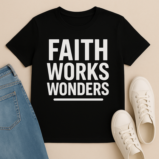 Black t-shirt with 'FAITH WORKS WONDERS' text, paired with blue jeans and white sneakers on a beige background.