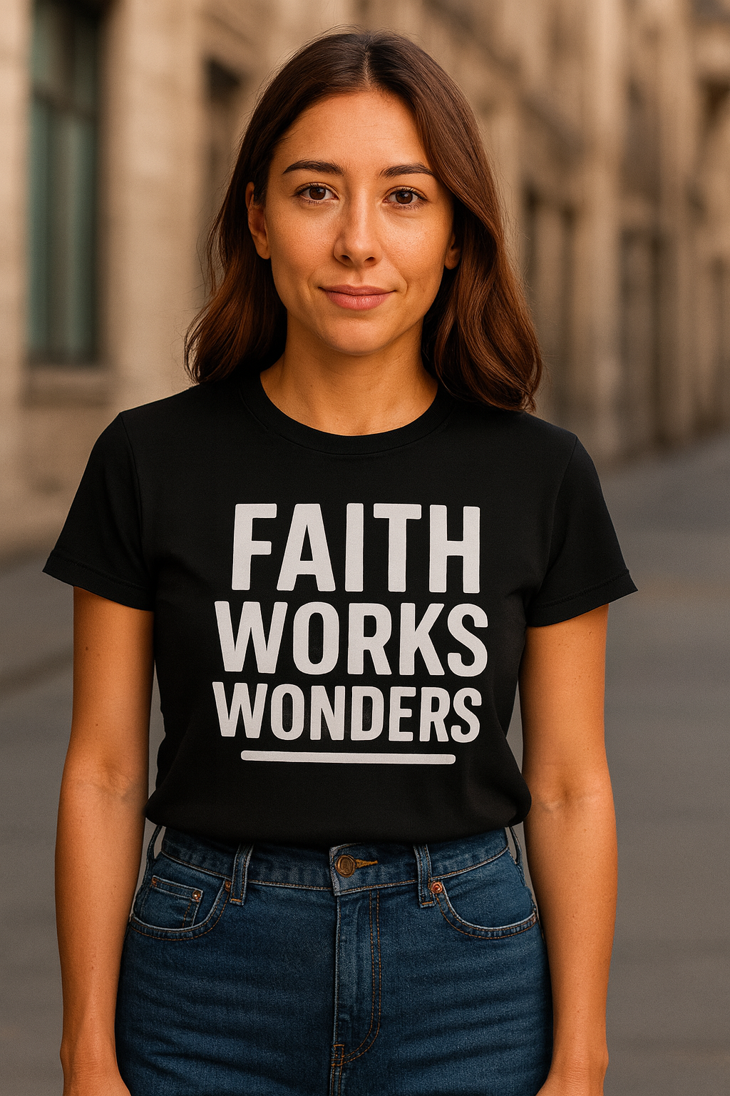 Woman wearing a black t-shirt with 'FAITH WORKS WONDERS' text in an urban setting