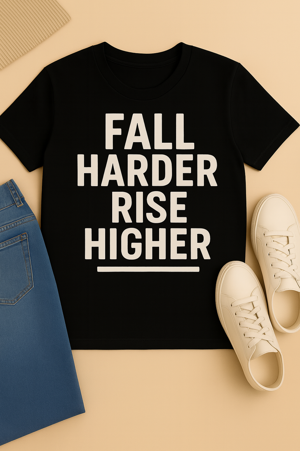 Black t-shirt with 'Fall Harder Rise Higher' text on a beige surface with jeans and shoes.