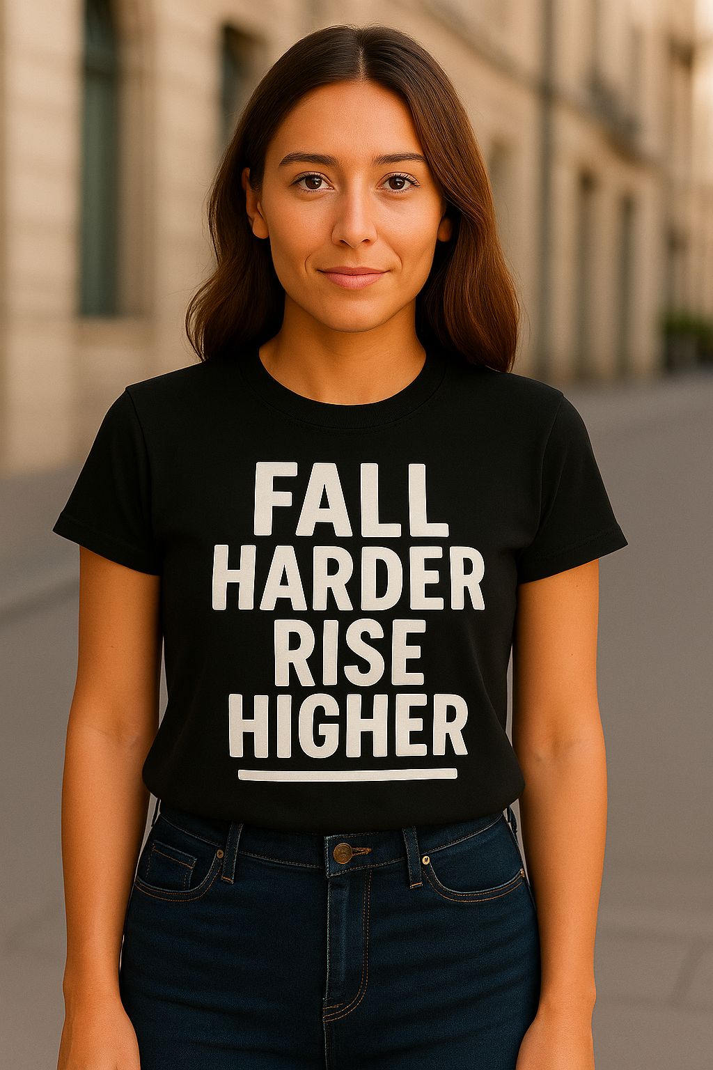 Woman wearing a black t-shirt with 'FALL HARDER RISE HIGHER' text on a blurred street background