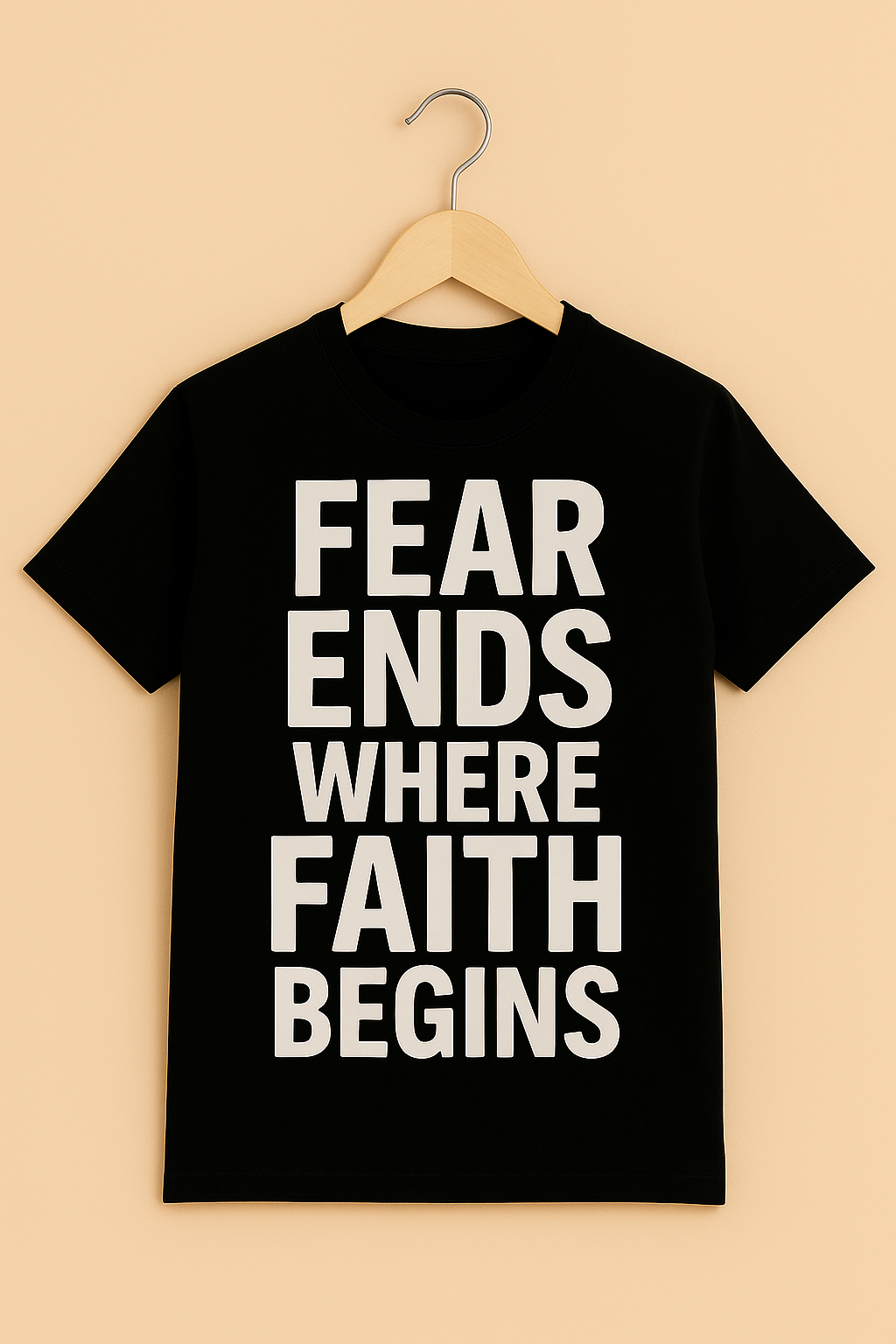 Black t-shirt with 'FEAR ENDS WHERE FAITH BEGINS' text on a hanger with beige background