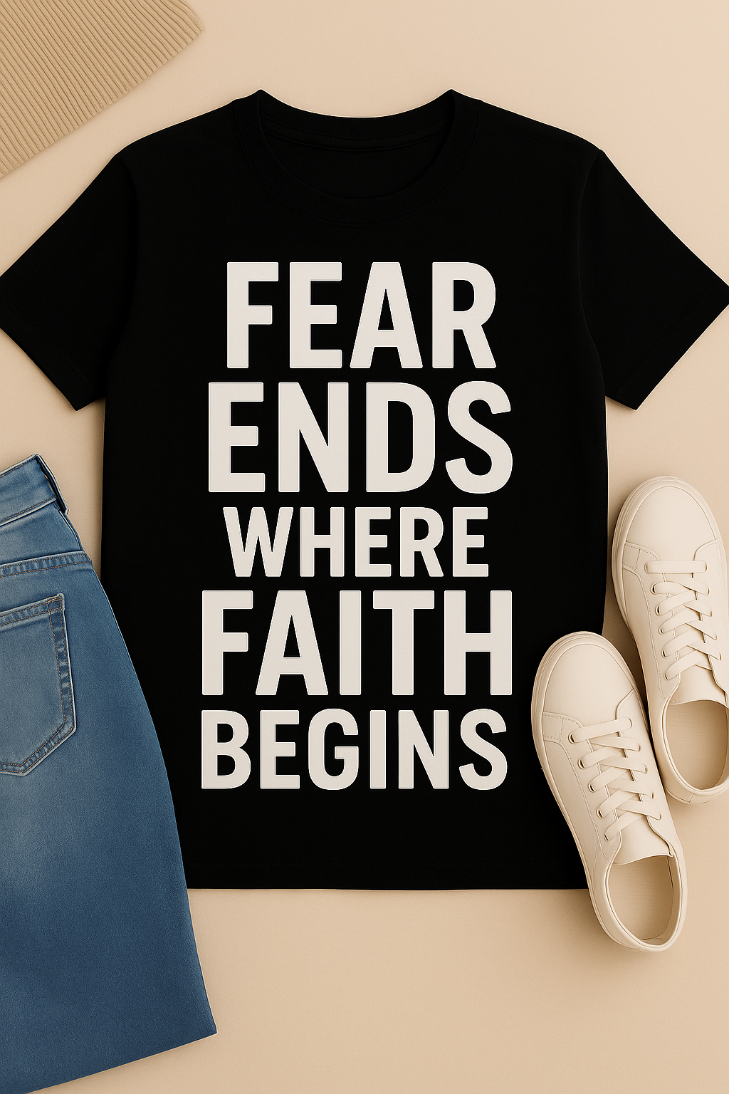 Black t-shirt with 'FEAR ENDS WHERE FAITH BEGINS' text, paired with blue jeans and beige sneakers on a beige background.