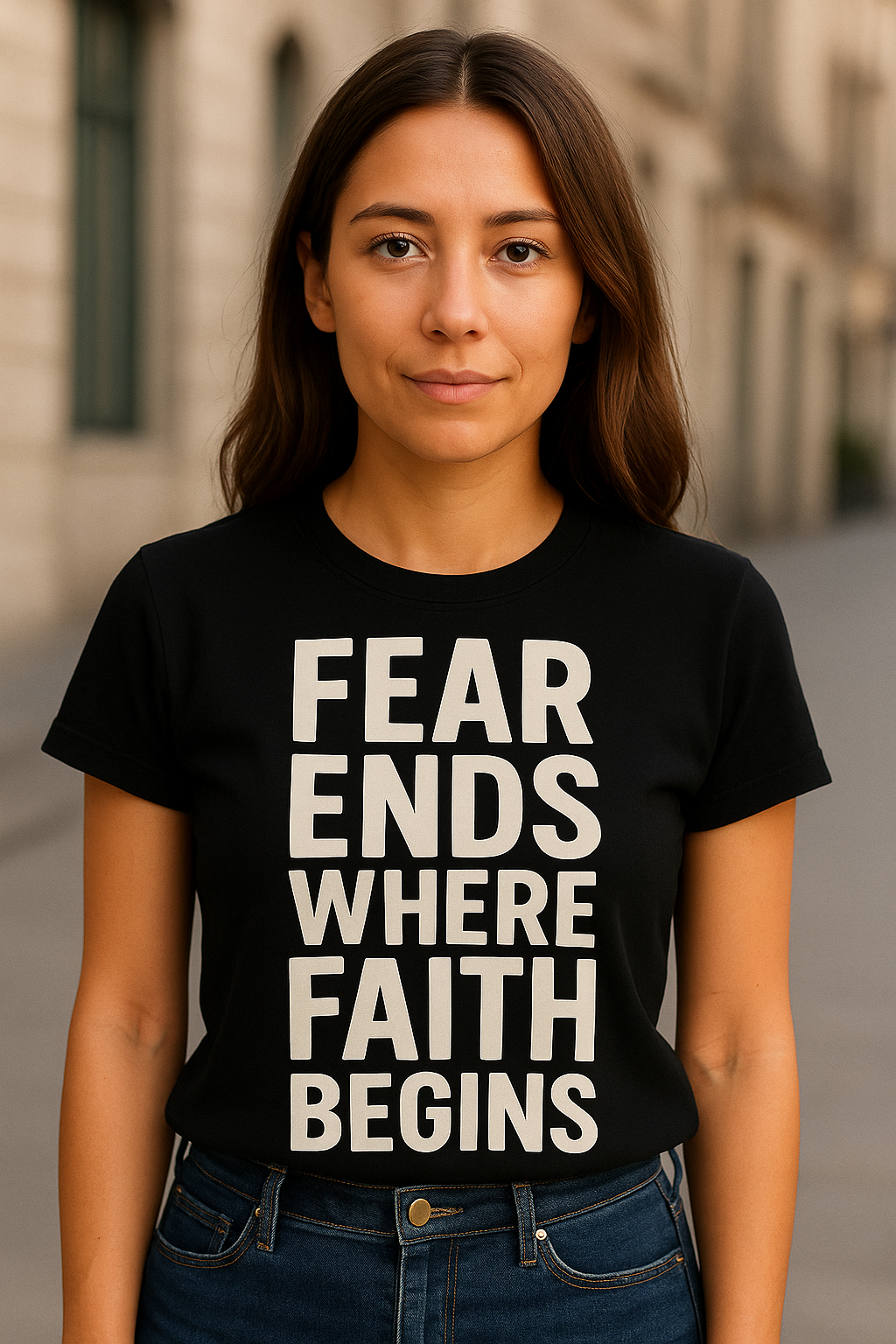 Person wearing a black t-shirt with 'FEAR ENDS WHERE FAITH BEGINS' text.