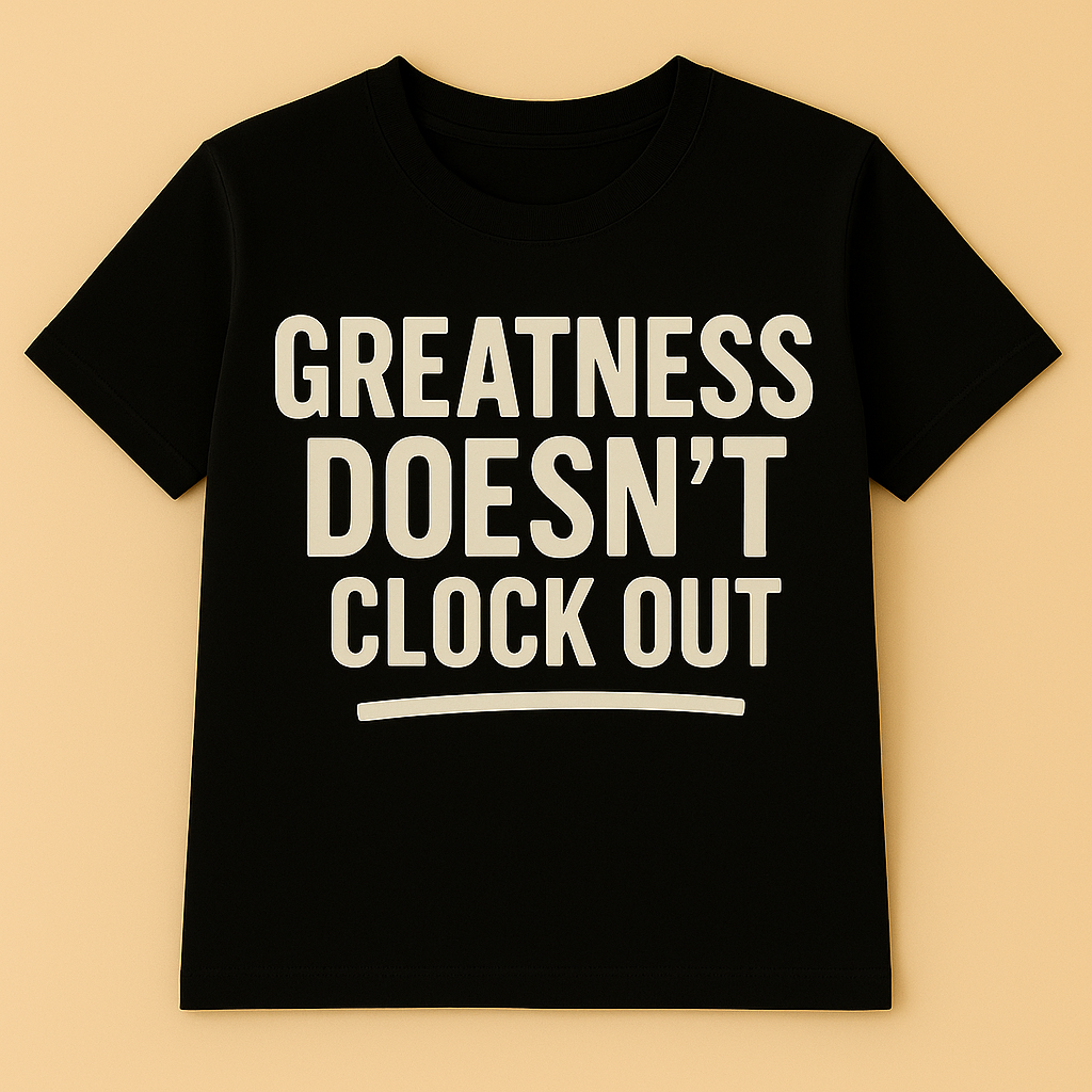 Black t-shirt with 'GREATNESS DOESN'T CLOCK OUT' text on a beige background