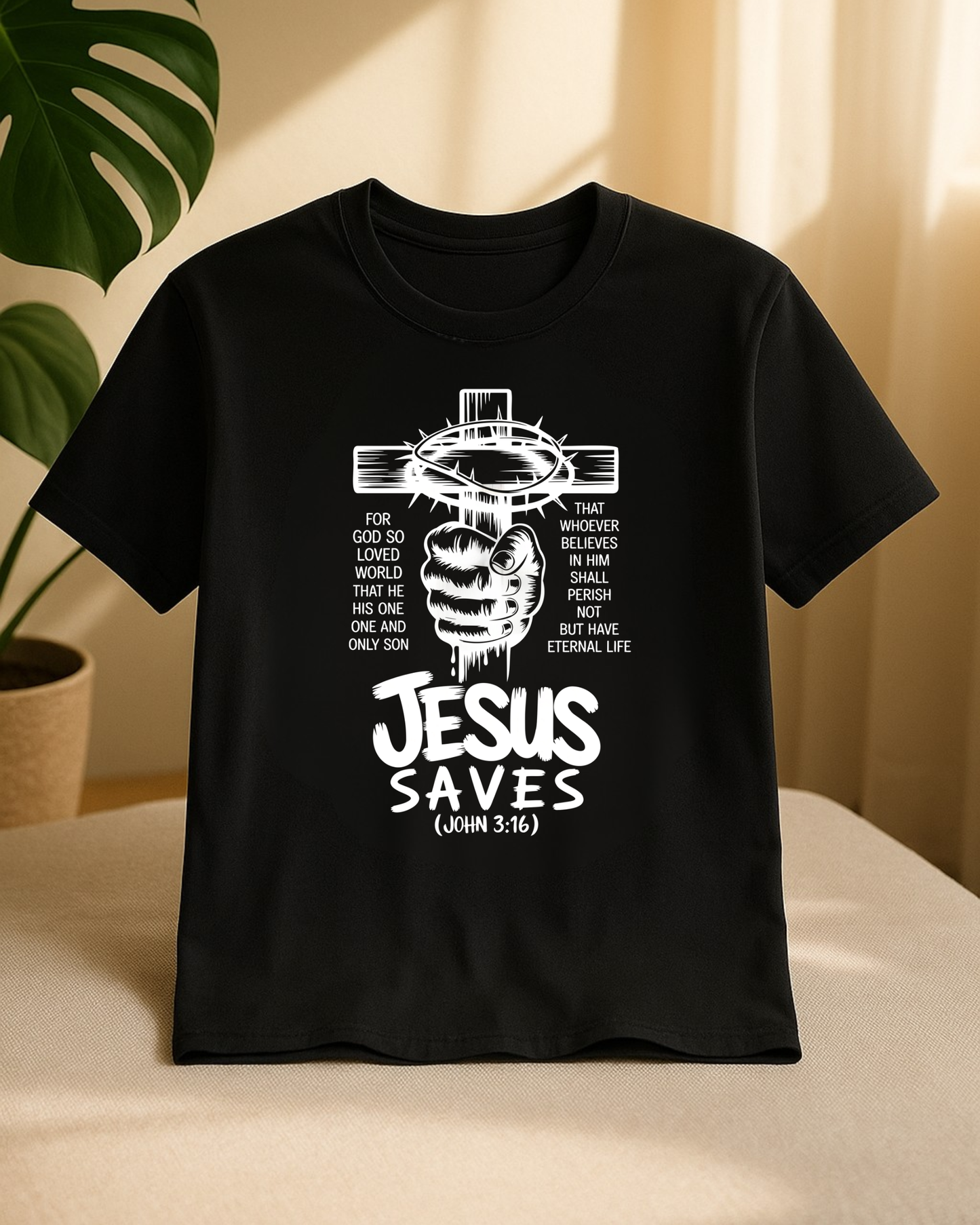Black Christian T-shirt featuring “Jesus Saves John 3:16” cross and crown of thorns design displayed on a chair beside a green houseplant in warm natural light.