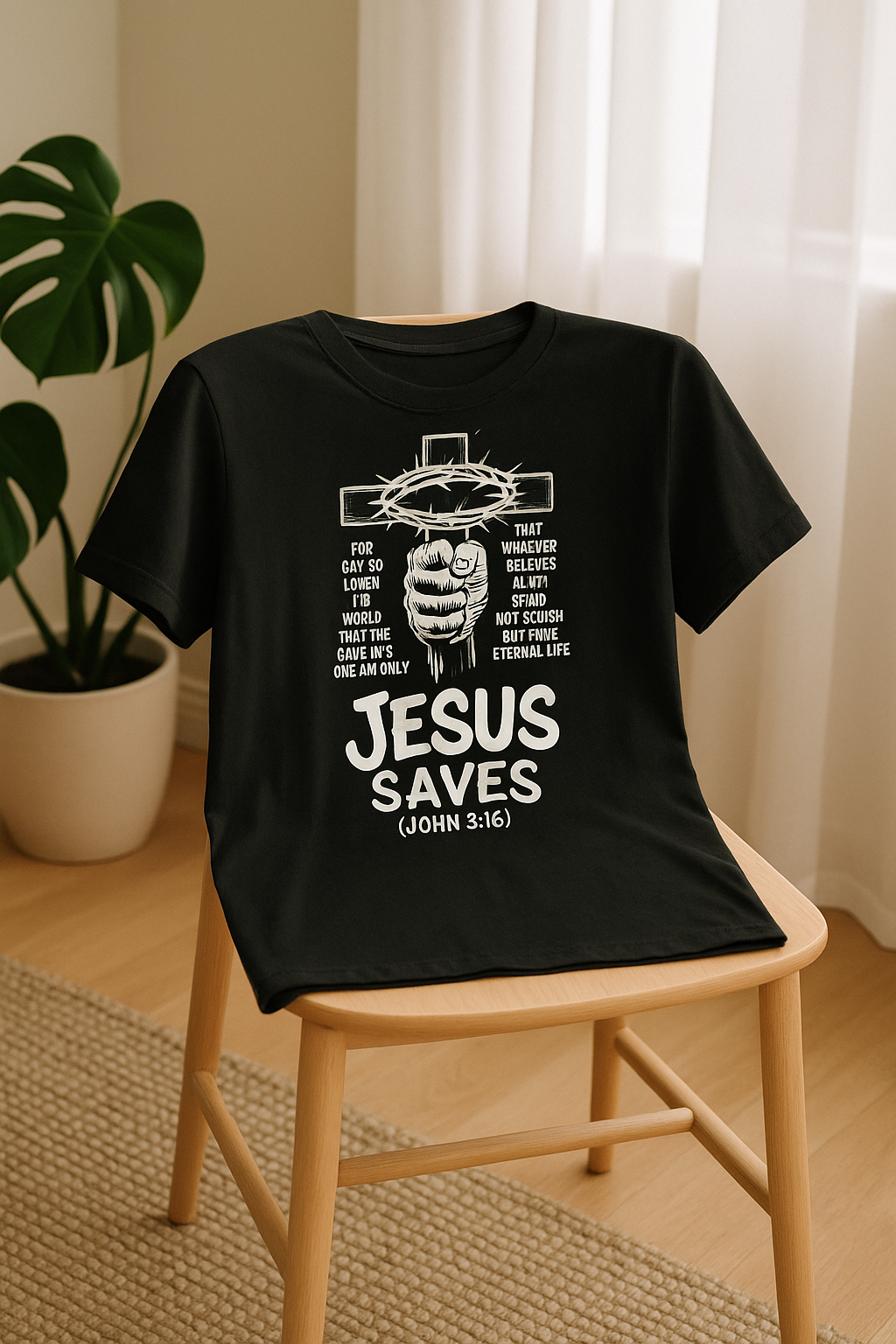 Black t-shirt with 'Jesus Saves' text on a wooden chair indoors