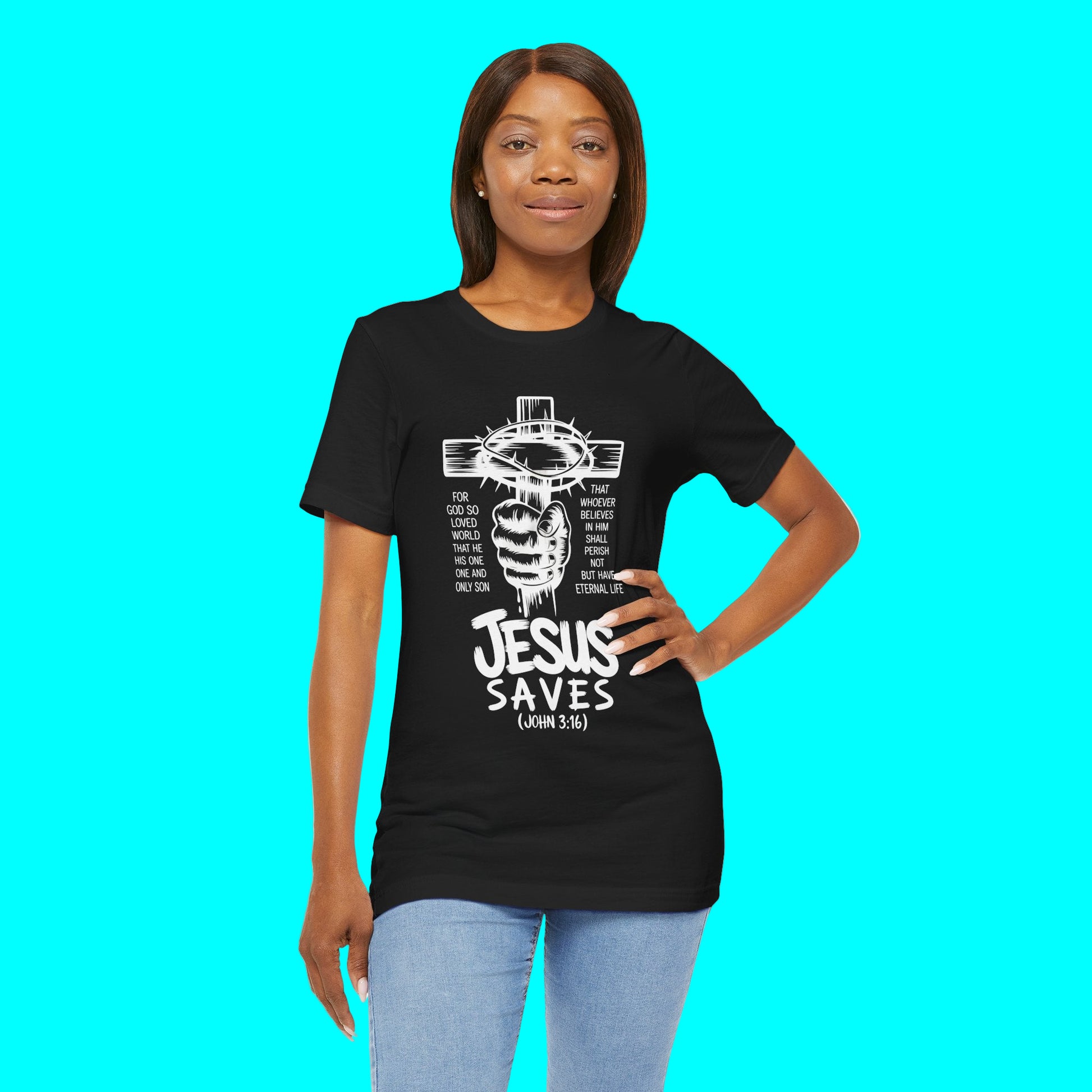 Person wearing a black t-shirt with 'Jesus Saves' design on a blue background