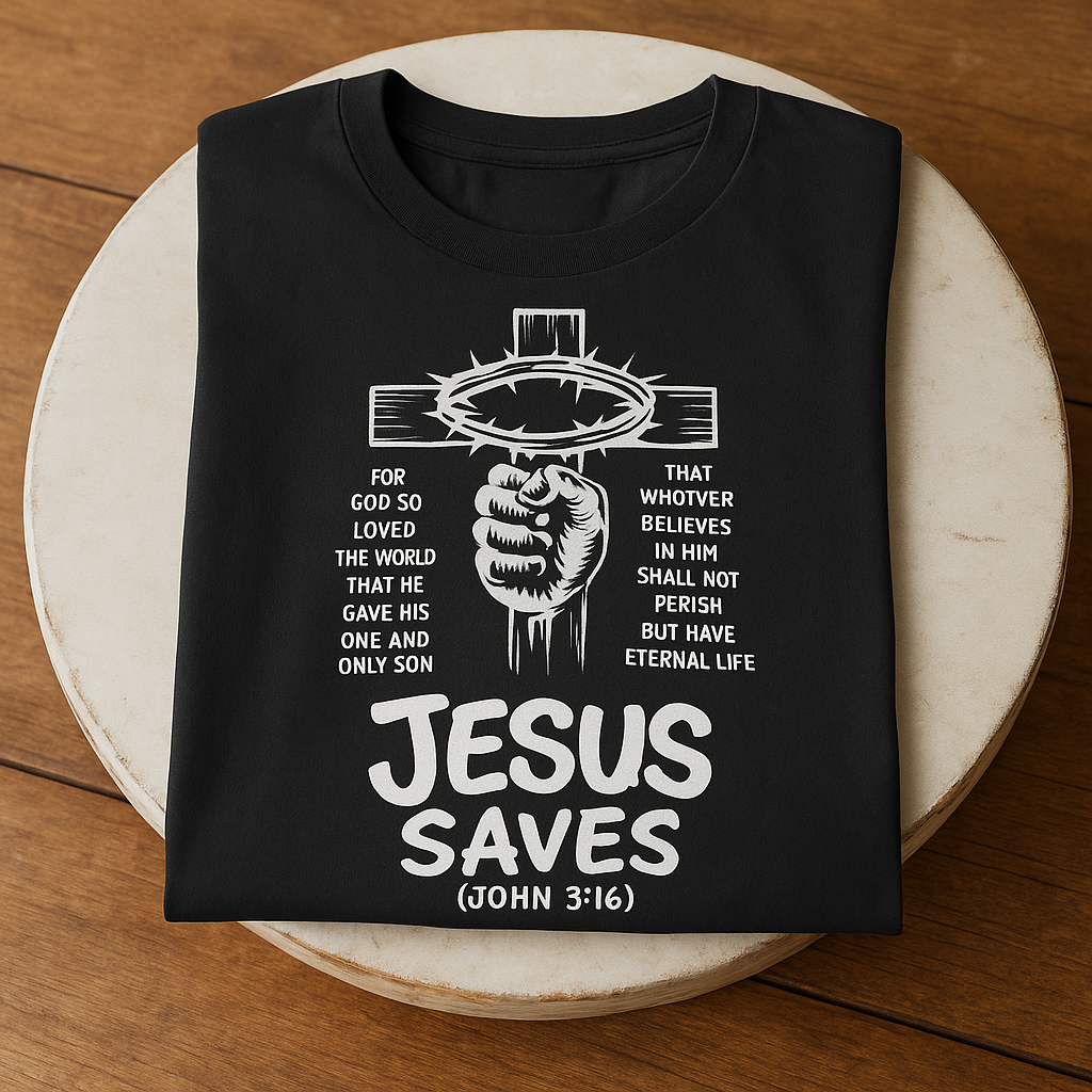 Folded black Jesus Saves John 3:16 Christian T-shirt displayed on round wooden table.