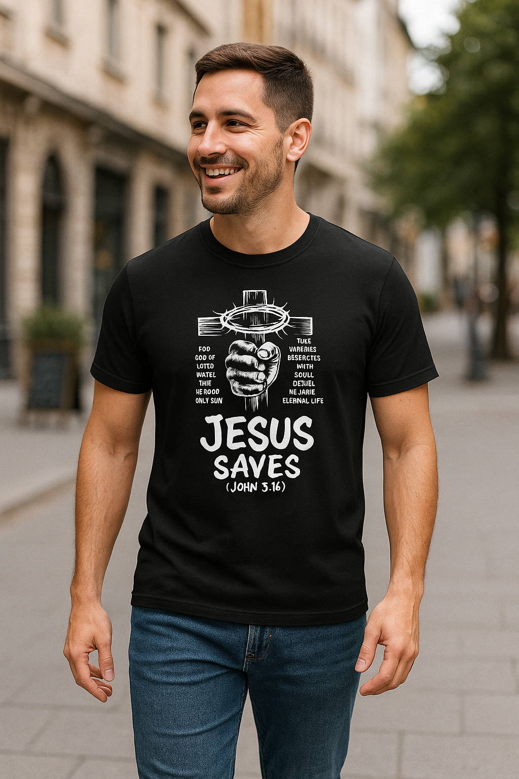 Man wearing a black t-shirt with 'Jesus Saves' text and graphic, standing on a street.