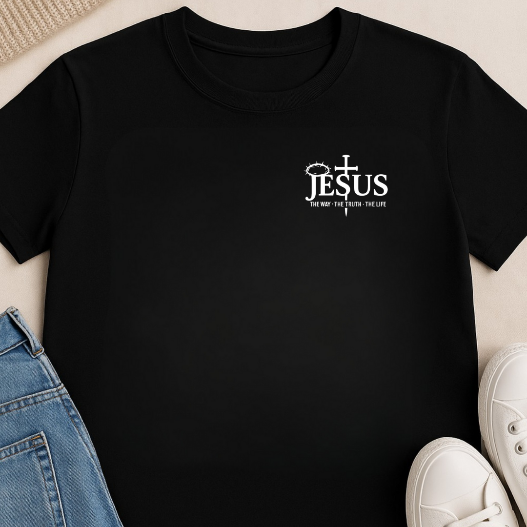Black Christian Jesus T-shirt flat lay with casual outfit styling