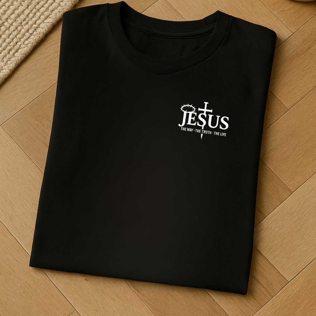 Folded black Christian T-shirt with Jesus The Way The Truth The Life design