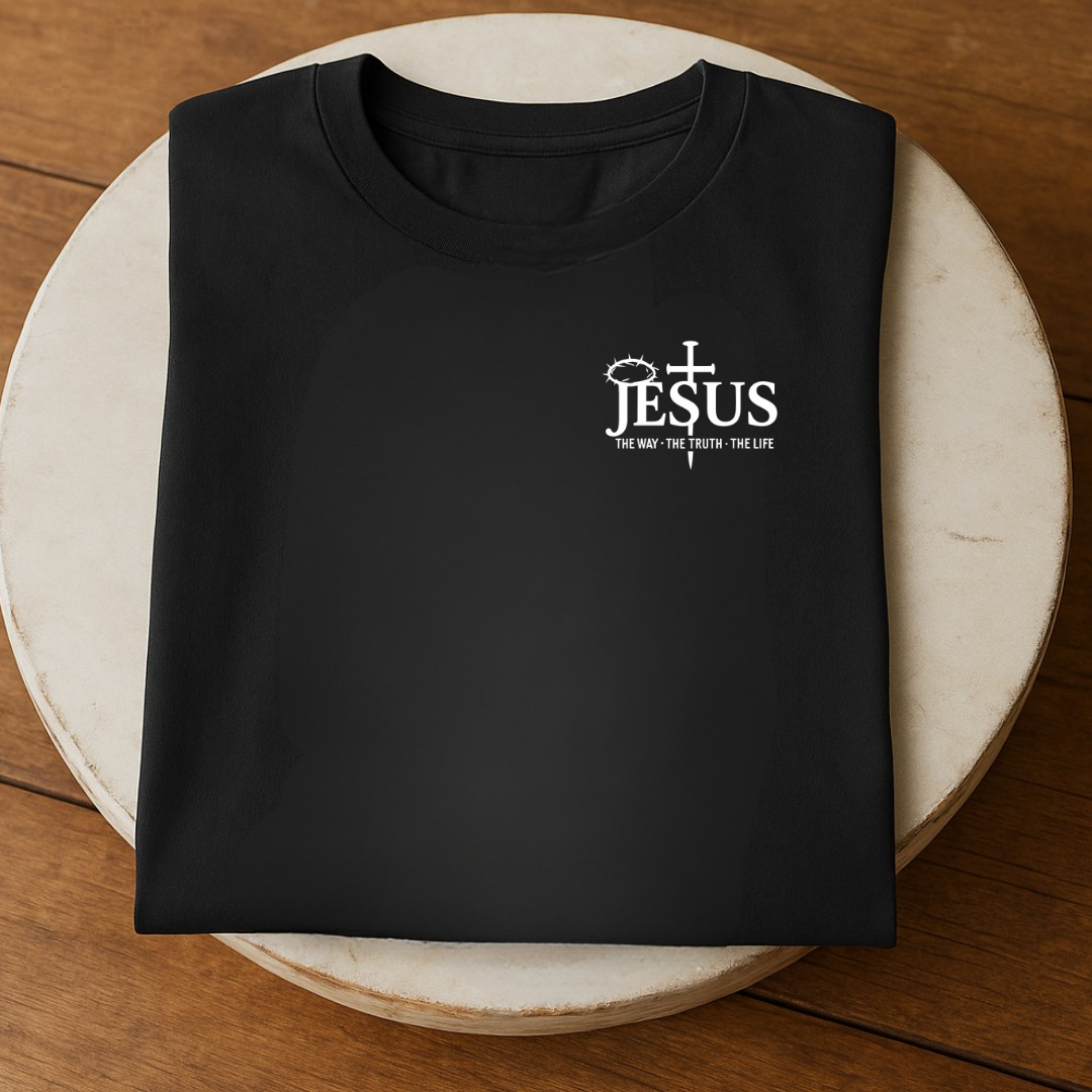 Folded black Jesus The Way The Truth The Life T-shirt on round table