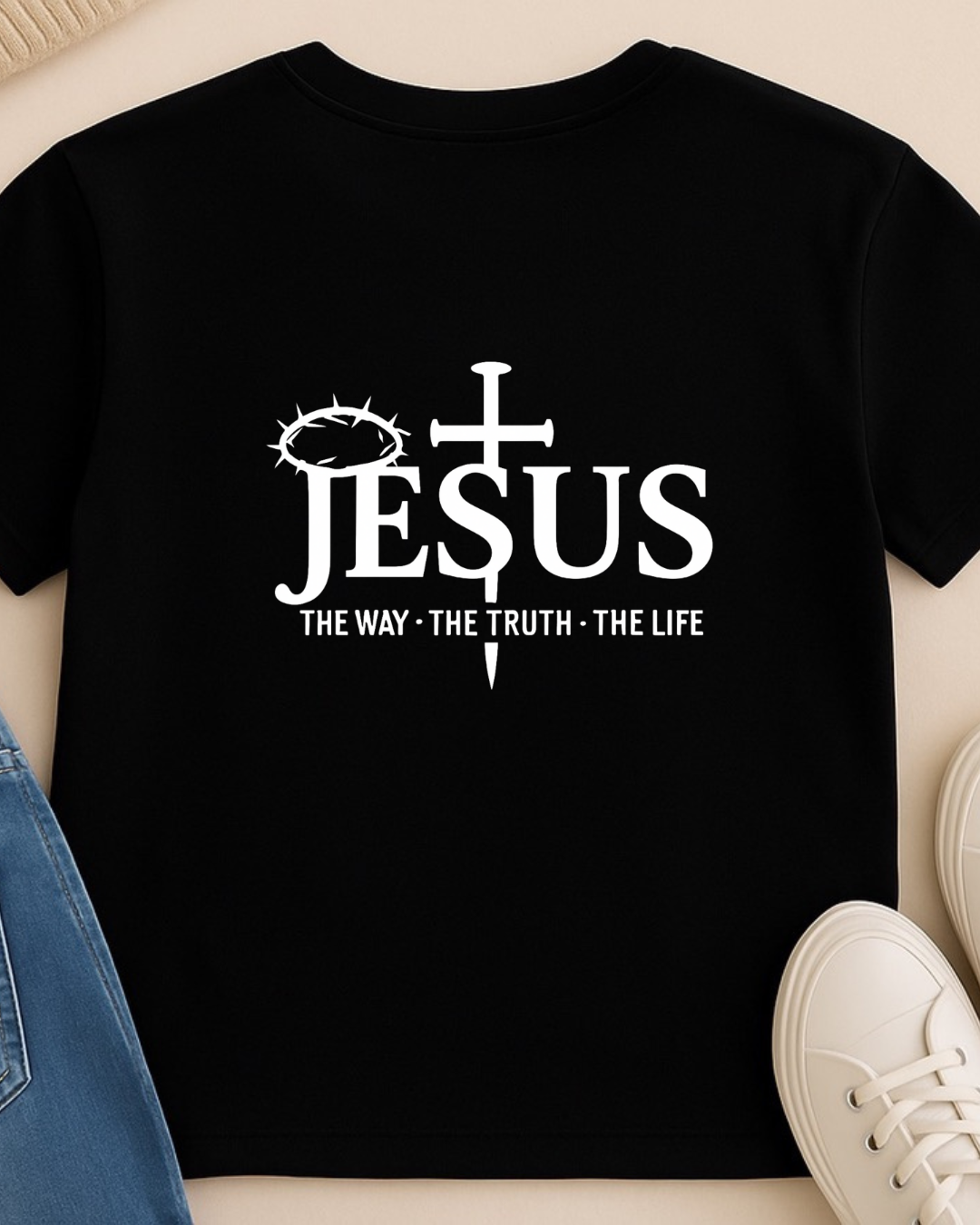 Flat lay of black Jesus The Way The Truth The Life Christian T-shirt showing back design