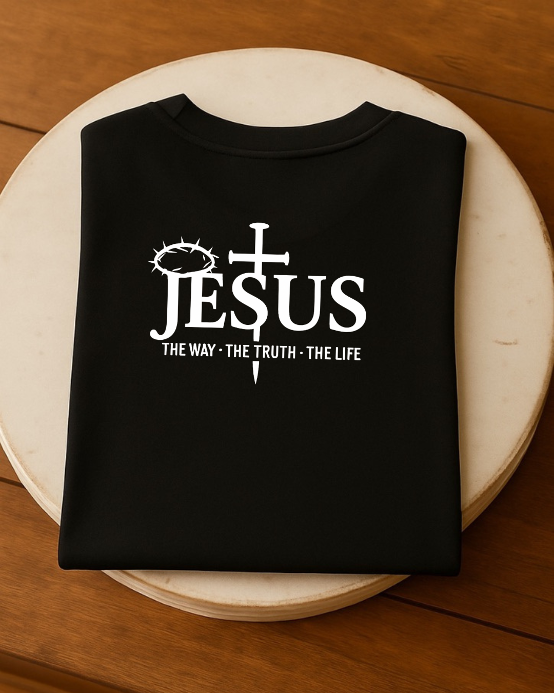 Black Jesus The Way The Truth The Life T-shirt folded on table showing back print
