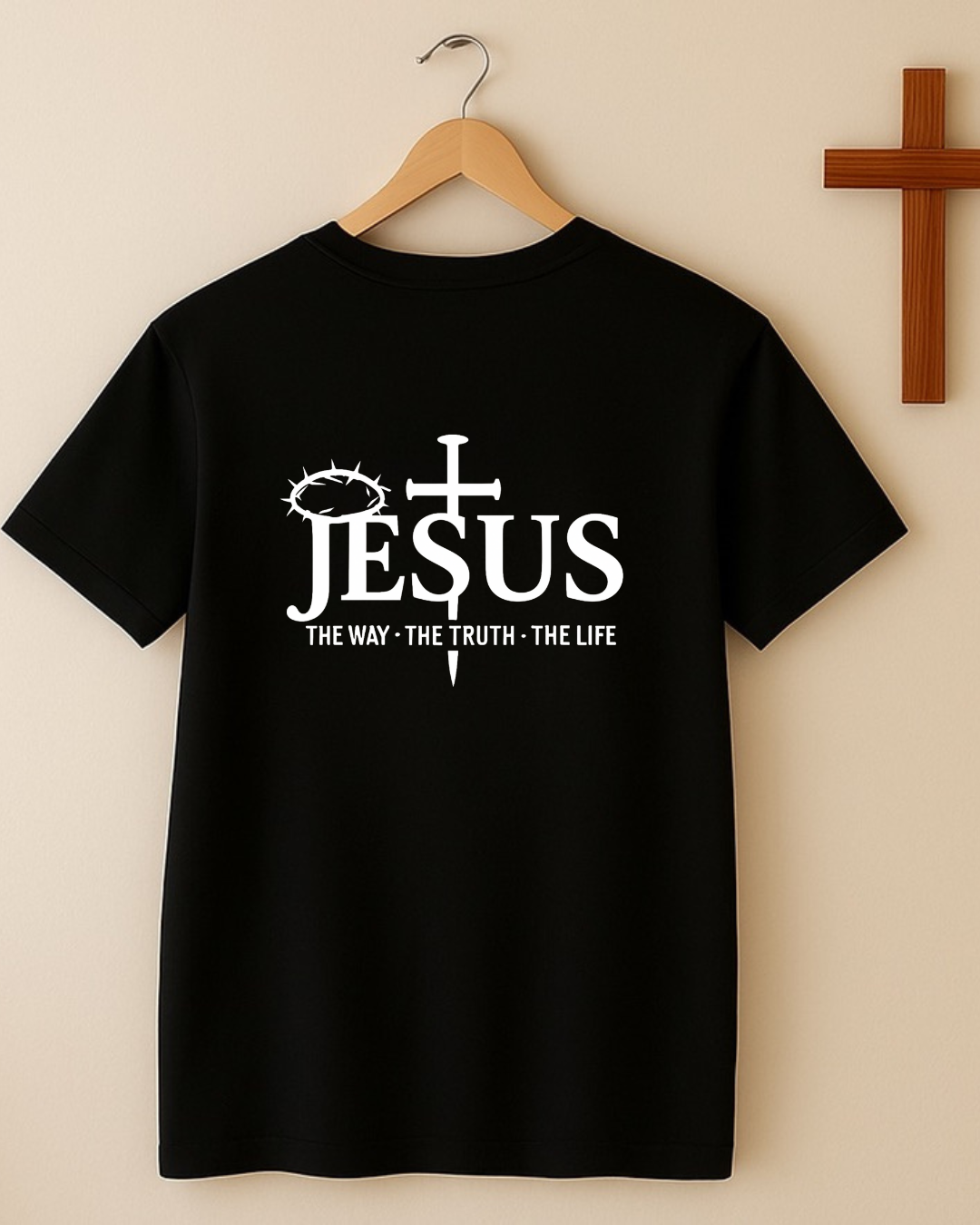 Black Jesus The Way The Truth The Life Christian T-shirt hanging on hanger showing back print