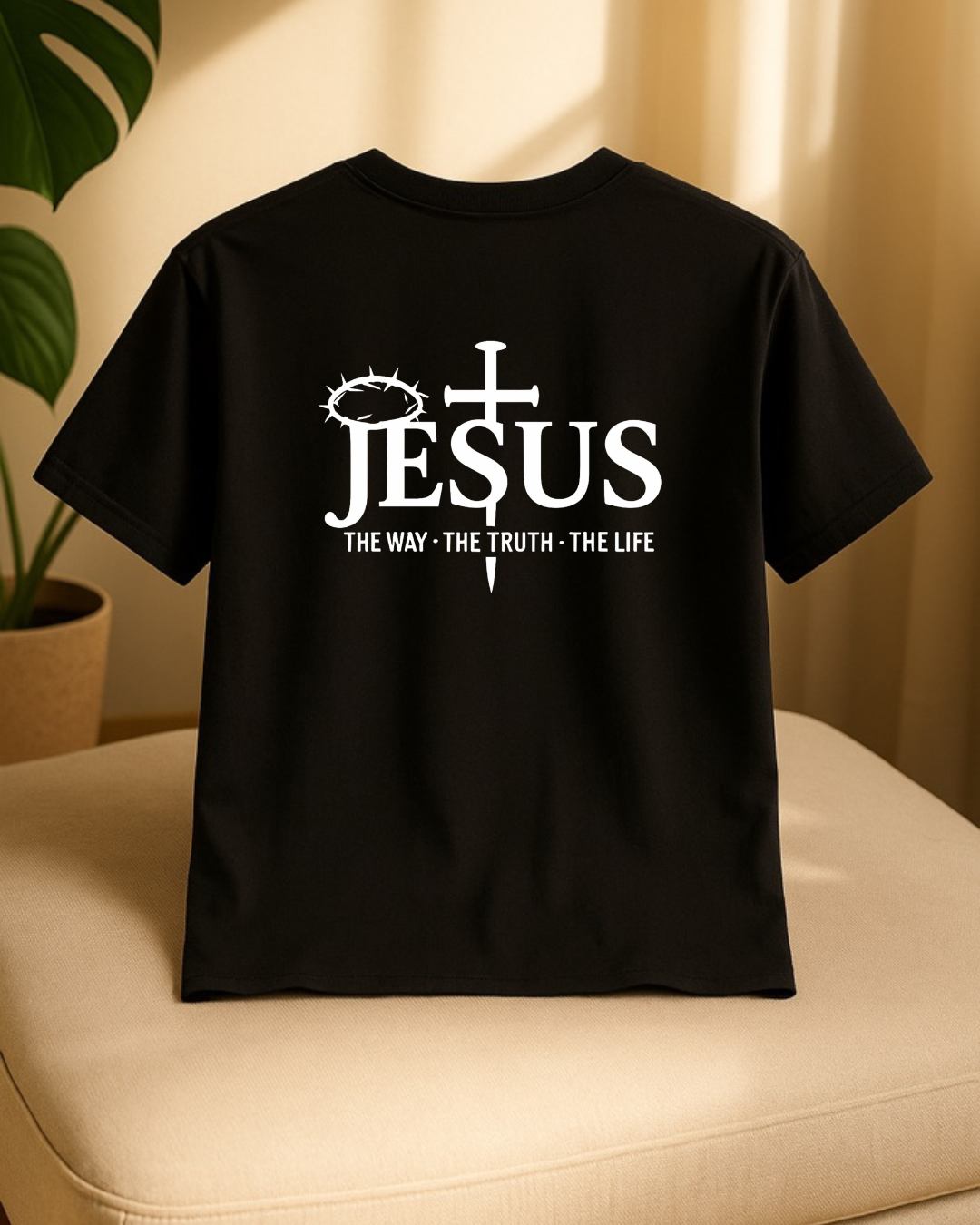 Back view of black Jesus The Way The Truth The Life Christian T-shirt