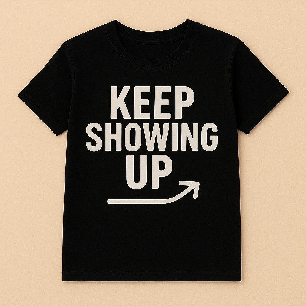 Black t-shirt with 'KEEP SHOWING UP' text on a beige background