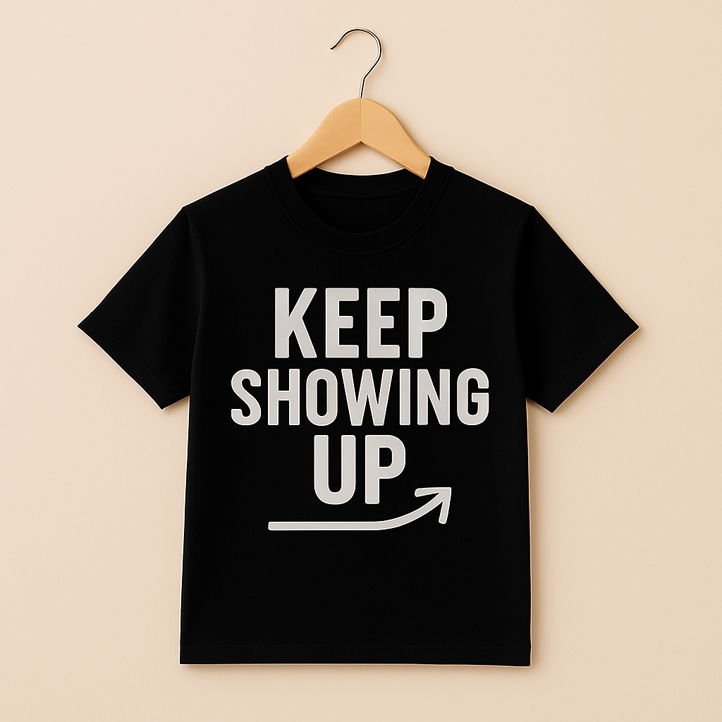 Black t-shirt with 'KEEP SHOWING UP' text on a hanger with beige background