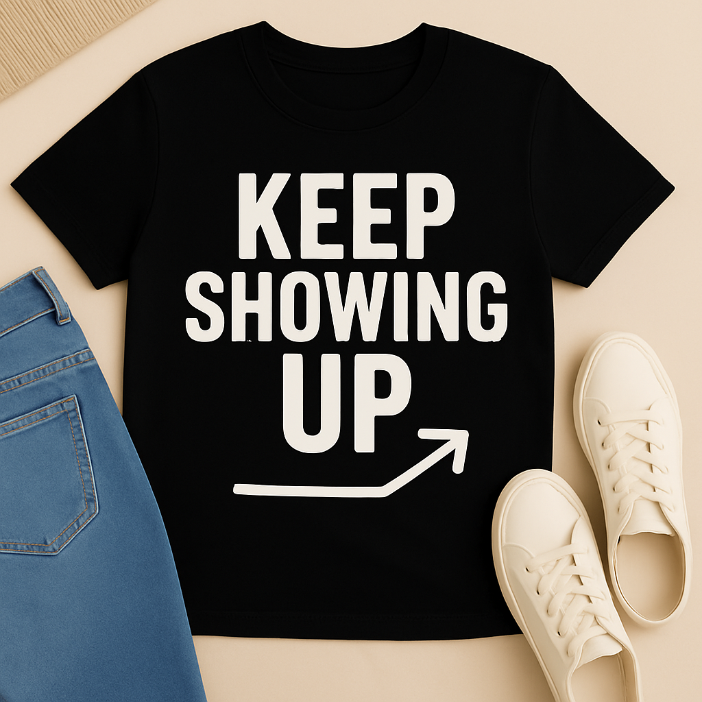 Black t-shirt with 'KEEP SHOWING UP' text and an arrow, paired with blue jeans and white sneakers on a beige background.