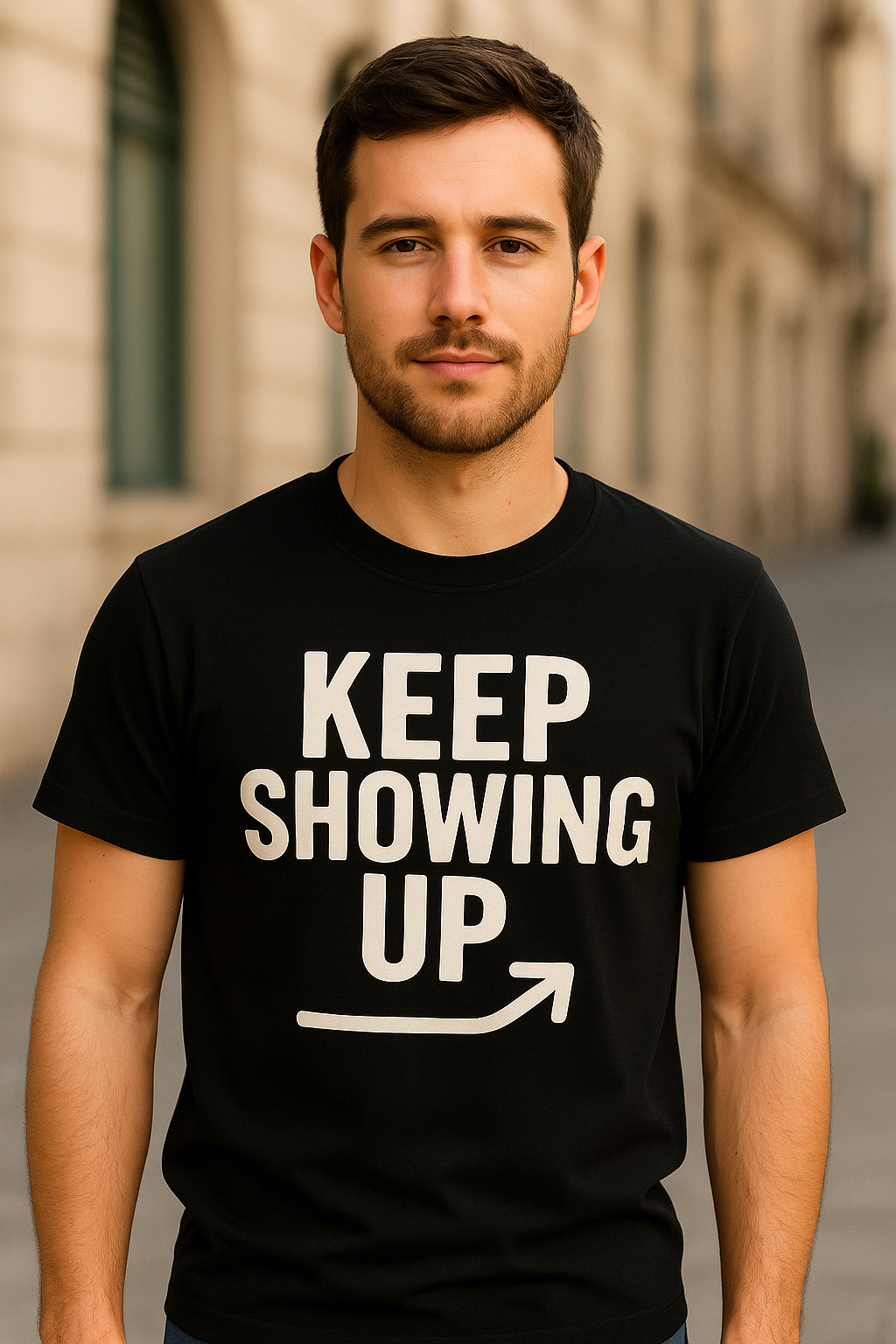 Man wearing a black t-shirt with 'KEEP SHOWING UP' text and arrow graphic.