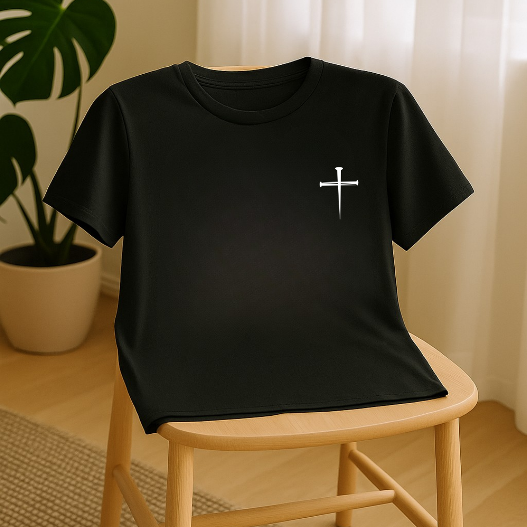 Black Christian T-shirt featuring subtle cross detail on chest
