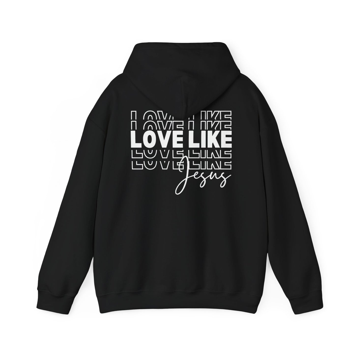 Back view of black Love Like Jesus hoodie with Christian faith message