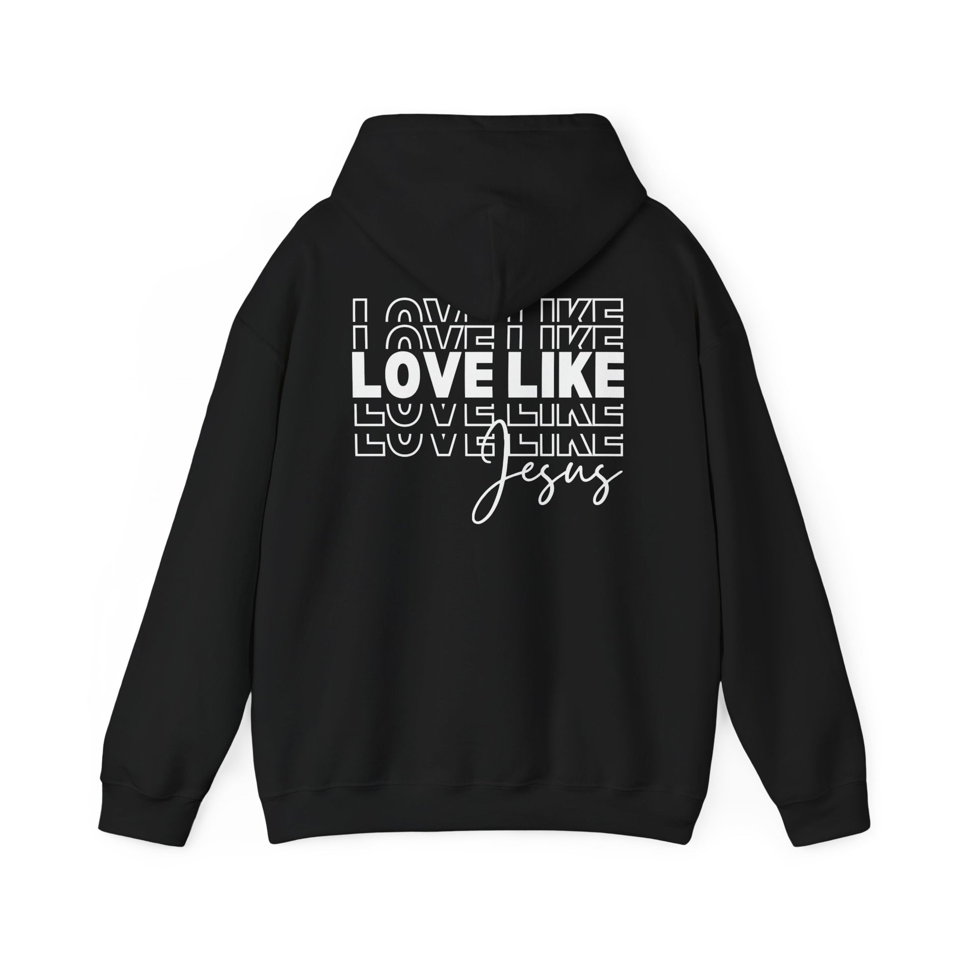 Back view of black Love Like Jesus hoodie with Christian faith message