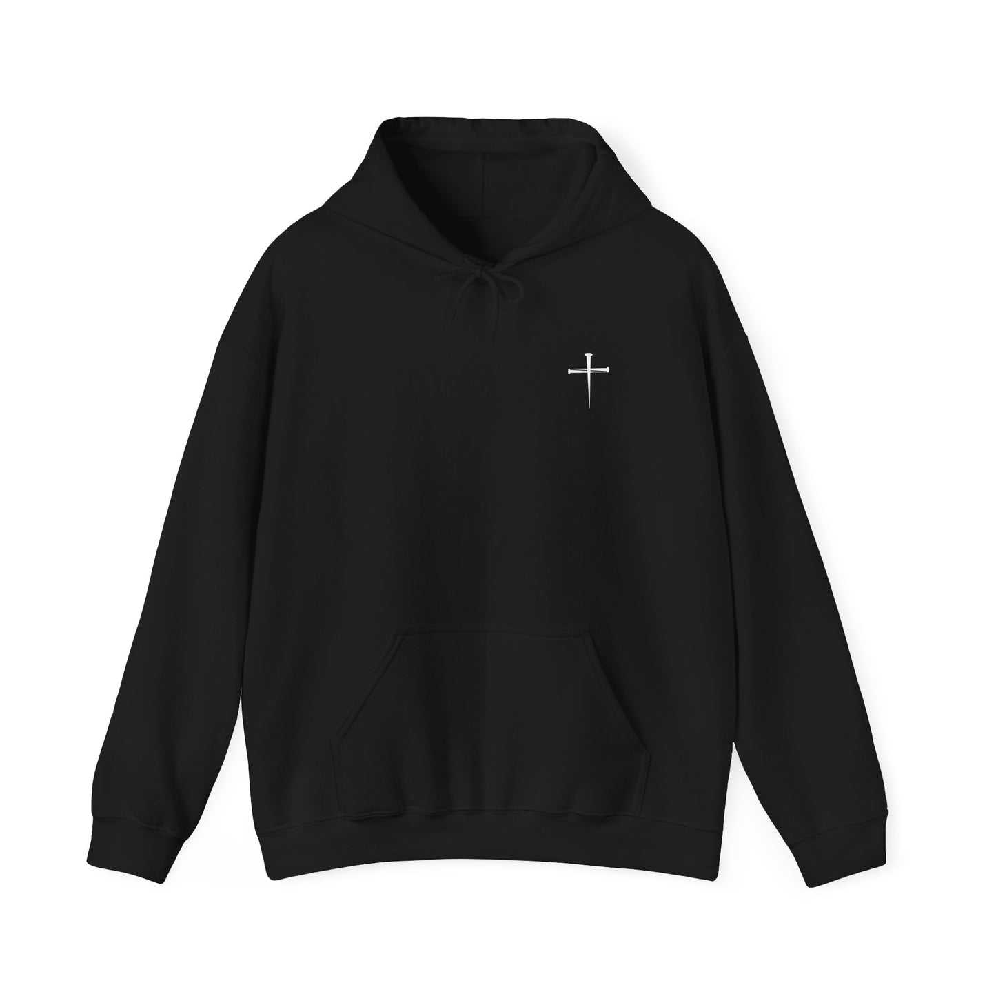 Black Love Like Jesus hoodie front view with small cross detail

