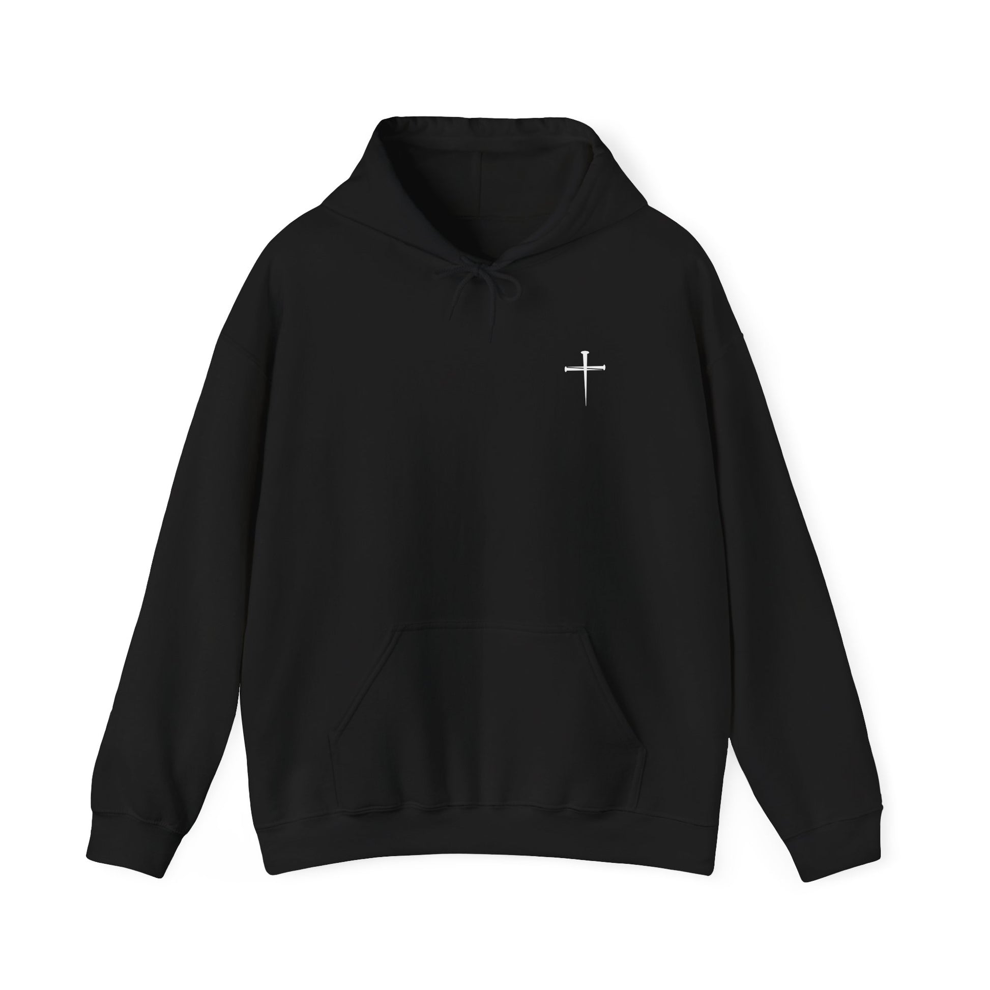 Black Love Like Jesus hoodie front view with small cross detail
