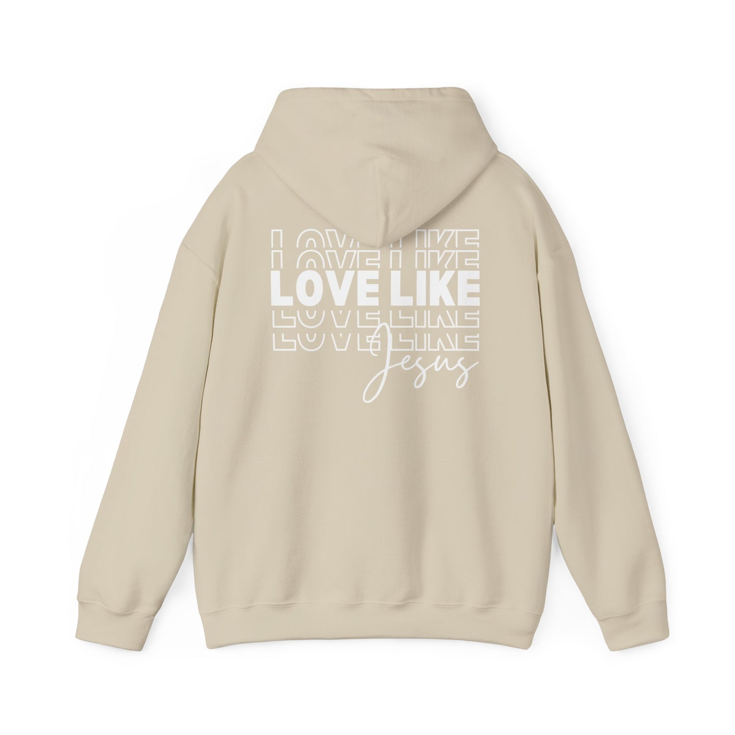 Back of cream Love Like Jesus hoodie showing Christian message design
