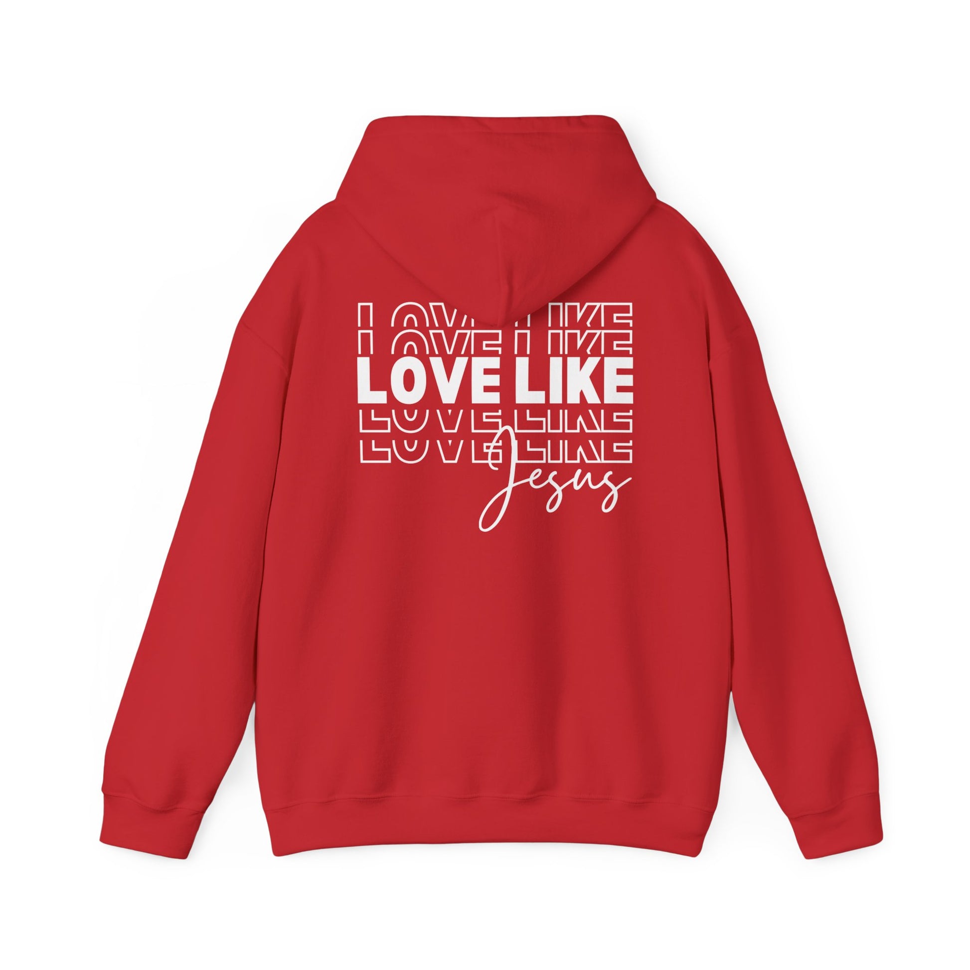 Red Love Like Jesus hoodie back view with bold Christian message