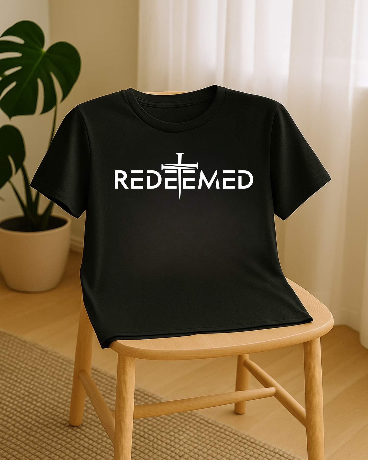 Black Christian REDEEMED t-shirt displayed on a chair with houseplant in background.