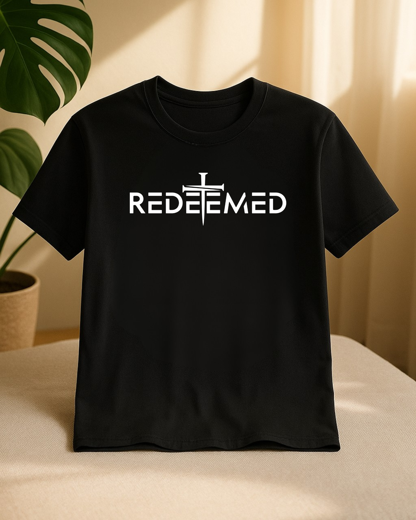 Black Christian REDEEMED t-shirt displayed with houseplant in background.