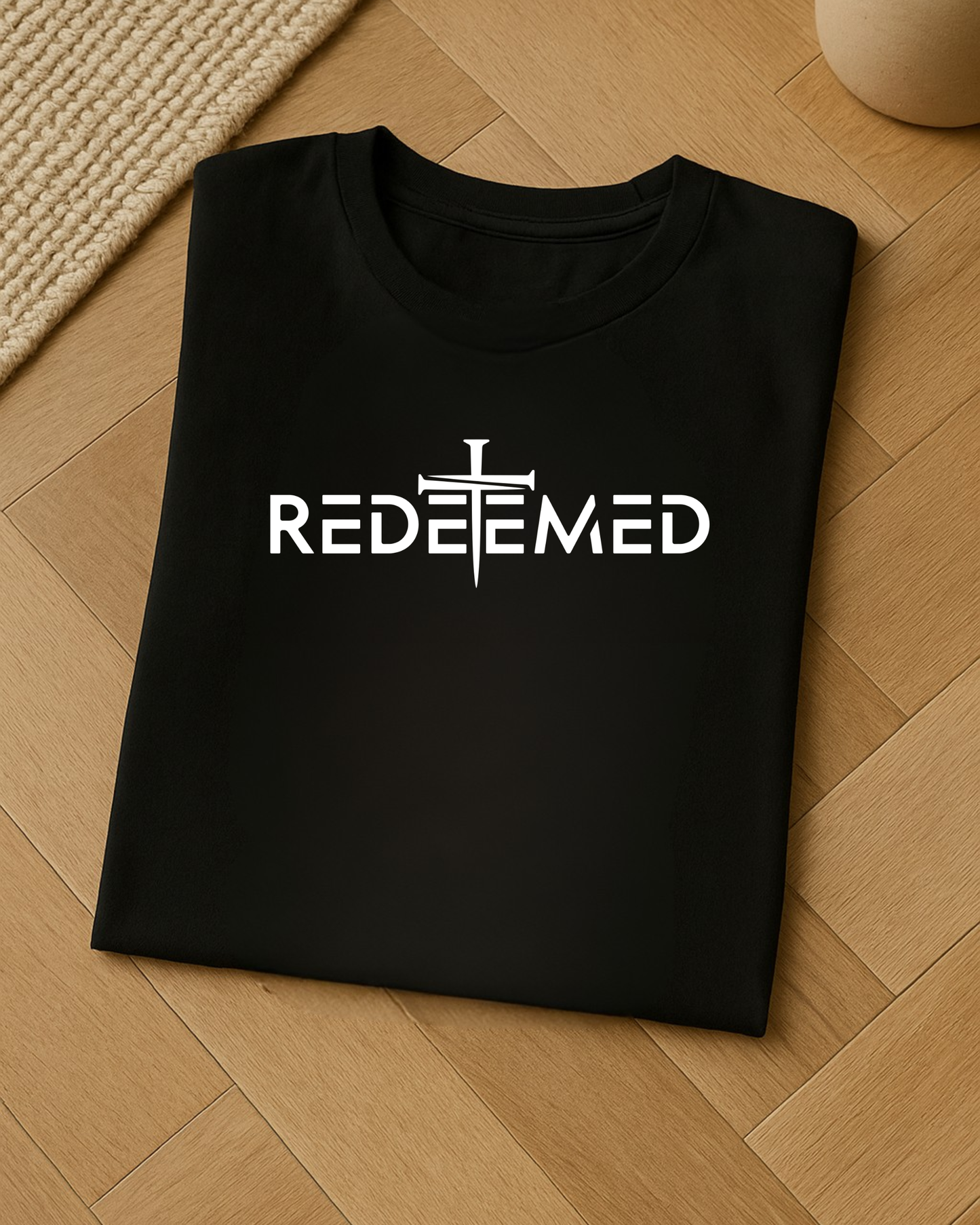 Folded black Christian REDEEMED t-shirt displayed on wooden floor.