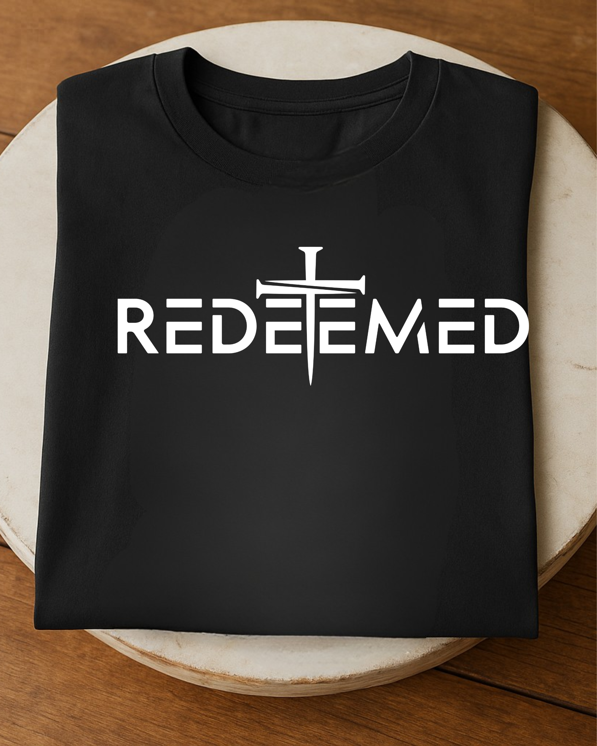 Black Christian REDEEMED t-shirt folded on a round wooden table.