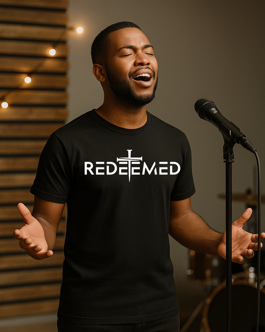Man wearing black Christian REDEEMED t-shirt singing into a microphone during worship.